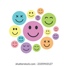 Colorful smiling faces, vector for fashion, card, sticker, wall art, poster prints, emoticon, emoji, positive vibe