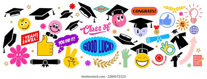 Colorful smiling graduate label shape set. Collection of cartoon shapes stickers for decorate graduation party. Funny comic vector on transparent background