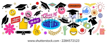 Colorful smiling graduate label shape set. Collection of cartoon shapes stickers for decorate graduation party. Funny comic vector on transparent background