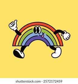 Colorful Smiling rainbow cartoon character vector illustration, Rainbow cartoon character, colorful retro illustration vector, Retro rainbow weather cartoon character illustration vector.