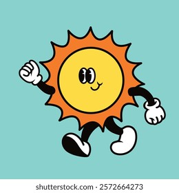 Colorful Smiling sun cartoon character vector illustration, Sun cartoon character, colorful retro illustration vector, Retro sunny weather cartoon character illustration vector.