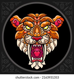 Colorful smilodon head zentangle arts. isolated on black background.