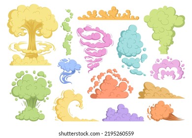 Nubes de humo coloridas, bocanadas de nubes. Coloridos flujos de nubes humeantes, conjunto de ilustraciones vectoriales de nubes de colores pastel. Colección de nubes de polvo
nubes de polvo rosas, azules, amarillas y verdes.