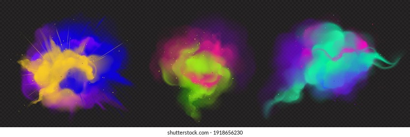 Colorful Smoke Flow And Paint Powder Explosion. Vector Realistic Set Of Color Splashes, Dust Clouds And Spray Isolated On Transparent Background. Flying Smoky Flow And Ink Burst