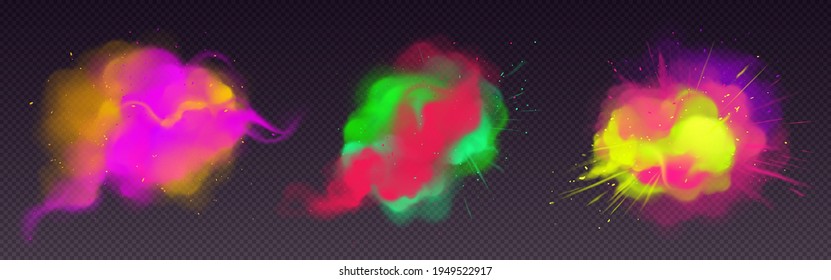 Colorful smoke flow and paint powder explosion. Vector realistic set of color splashes, dust clouds with particles and spray. Flying smoky flow and ink burst isolated on transparent background