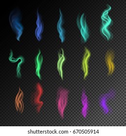 Colorful smoke on black background isolated. abstract realistic rainbow smoke set. 3d illustration. vector. created with gradient mesh.