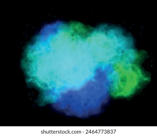 Colorful smoke powder graphic images. Green powder splatted  smoky background. Art rough stylized texture with space for text or image. Color smoke puff isolated black background. Abstract ink blot 
