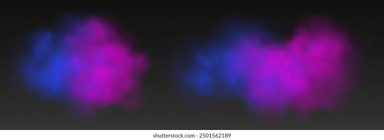 Colorful smoke, purple and blue magic cloud, holi powder effect. Vector illustration.