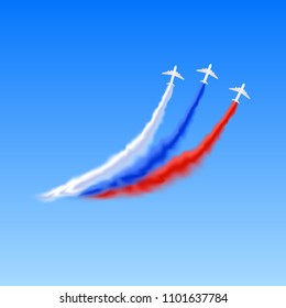 Colorful smoke trail representing Russian Federation's flag with airplanes airshow vector illustration