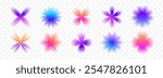 Colorful smooth blurred gradient flower set. Bright blurry aura shape collection. Fading abstract elements for poster, template, badge, sticker, collage. Vector iridescent flowers and sparkles pack 