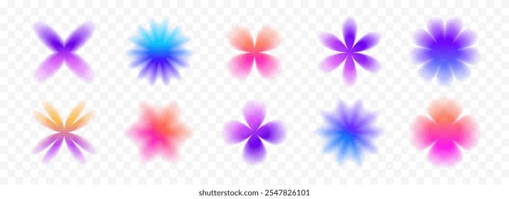 Colorful smooth blurred gradient flower set. Bright blurry aura shape collection. Fading abstract elements for poster, template, badge, sticker, collage. Vector iridescent flowers and sparkles pack 