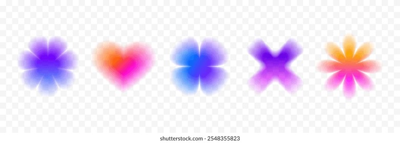 Colorful smooth blurred gradient flower set. Bright blurry aura shape collection. Fading abstract elements for poster, template, badge, sticker, collage. Vector iridescent flowers and heart pack