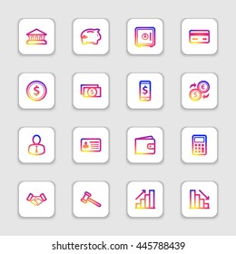 colorful smooth gradient line business finance and commercial icon set on white rounded rectangle with soft shadow for web design, user interface (UI), infographic and mobile application