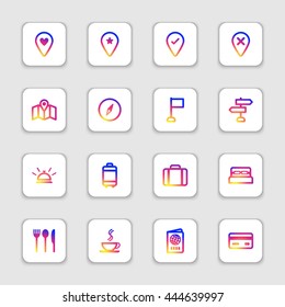 colorful smooth gradient line travel icon set on white rounded rectangle with soft shadow for web design, user interface (UI), infographic and mobile application (apps)