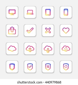 colorful smooth gradient line web icon set on white rounded rectangle with shadow for web design, user interface (UI), infographic and mobile application (apps)