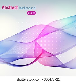 Colorful smooth light lines background with sparkling points. Blue, pink, purple color. Vector illustration