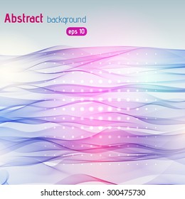 Colorful smooth light lines background with sparkling points. Blue, pink, purple color. Vector illustration