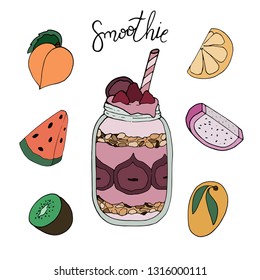 Colorful smoothie in glass bottle with straws on white background. Fresh organic Smoothie ingredients. Superfoods and health or detox diet food concept in sketch style.