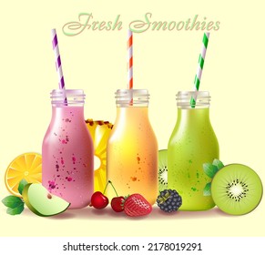 Colorful smoothies next to fruits and berries