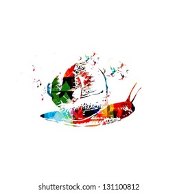 Colorful snail design with hummingbirds background