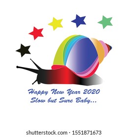 Colorful Snail icon with Celebration text Happy new year 2020,  Vector illustration. 