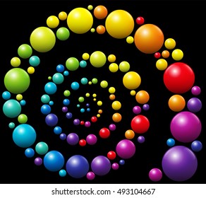 Colorful snail pattern spiral out of three-dimensional balls on black background.