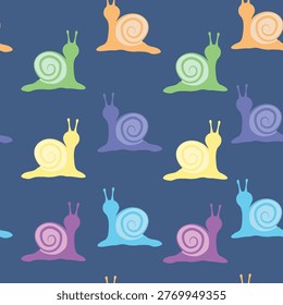 Colorful snail seamless pattern on navy blue background, cute cartoon animal vector