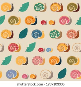 Colorful snails seamless pattern. Funny snails with interesting 
shells on a light beige background.