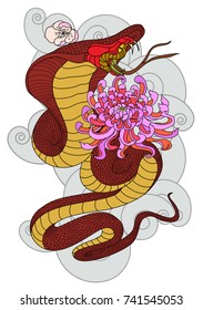 Colorful snake cobra with chrysanthemum flower and cloud illustration for tattoo design.Traditional Japanese culture for printing and coloring book on background.