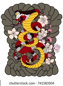 Colorful snake cobra with chrysanthemum flower and cloud illustration for tattoo design.Traditional Japanese culture for printing and coloring book on background.Traditional Japanese culture