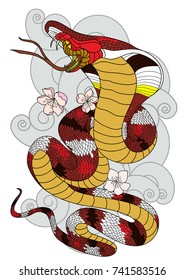 Colorful snake cobra with chrysanthemum flower and cloud illustration for tattoo design.Traditional Japanese culture for printing and coloring book on background.