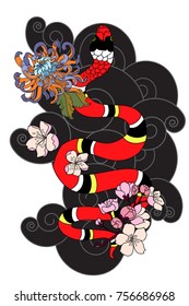 Colorful snake cobra with chrysanthemum flower and cloud illustration for tattoo design. 