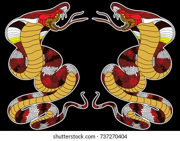 Colorful snake cobra illustration for sticker and tattoo design.Asia tattoo style.Traditional Japanese culture for printing and coloring book on background.