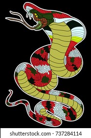 Colorful snake cobra illustration for sticker and tattoo design.Asia tattoo style.Traditional Japanese culture for printing and coloring book on background.