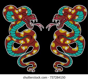 Colorful snake cobra illustration for sticker and tattoo design.Asia tattoo style.Traditional Japanese culture for printing and coloring book on background.