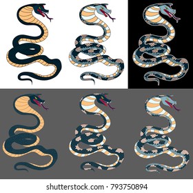 Colorful snake cobra illustration for sticker and tattoo design.Asia tattoo style.