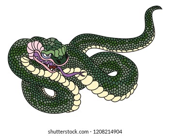 Colorful snake cobra with mouth open isolate on white background.Japanese snake cobra for tattoo and sticker design.