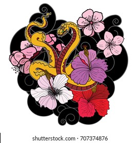 Colorful snake cobra tattoo.Hand drawn Cobra with flower and cloud vector isolate on white background. king Cobra snake with mouth open.Snake cobra illustration.