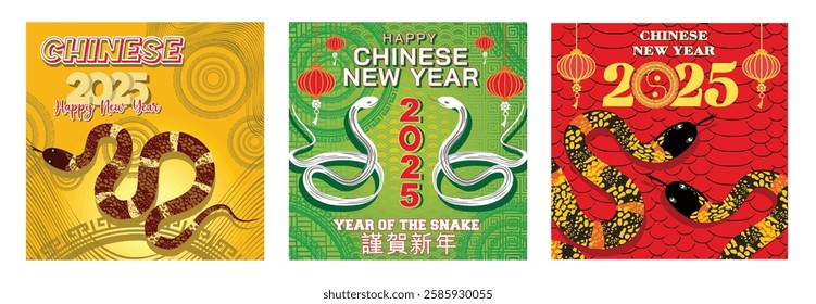 A colorful snake and decorative ornaments. The Year of the Snake theme. Decorative serpents, traditional lanterns, and festive red background with cultural pattern. 