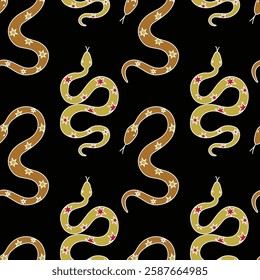 Colorful snake pattern design on black background featuring playful stars and swirls in a whimsical style