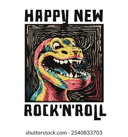 Diseño de arte Pop de serpiente colorido para la celebración del año Nuevo y la Mercancía del festival. Rugiendo en el Nuevo Año: Fiesta Prehistórica T-Rex Diseño Perfecto para los amantes de la música y conciertos de Rock.