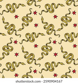 Colorful snake and star pattern on light yellow background creating a vibrant design for textiles or wallpapers