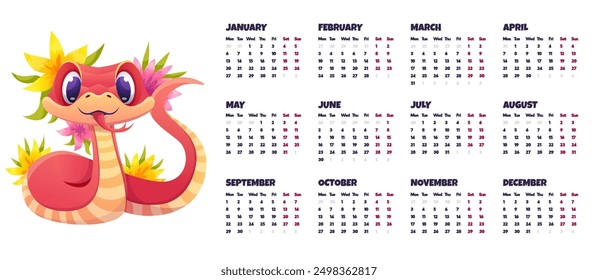 Colorful Snake wall calendar 2025. Cute set with Monthly Calendars pages in horizontal view and different snakes for printing or for planner design. Vector cartoon template illustration