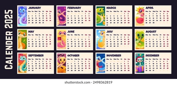 Colorful Snake wall calendar 2025. Cute set with Monthly Calendars pages in horizontal view and different snakes for printing or for planner design. Vector cartoon template illustration