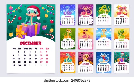 Colorful Snake wall calendar 2025. Cute set with Monthly Calendars pages in vertical format and different snakes for printing or for planner design. Vector cartoon template illustration