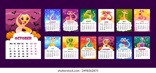 Colorful Snake wall calendar 2025. Cute set with Monthly Calendars pages in vertical format and different snakes for printing or for planner design. Vector cartoon template illustration