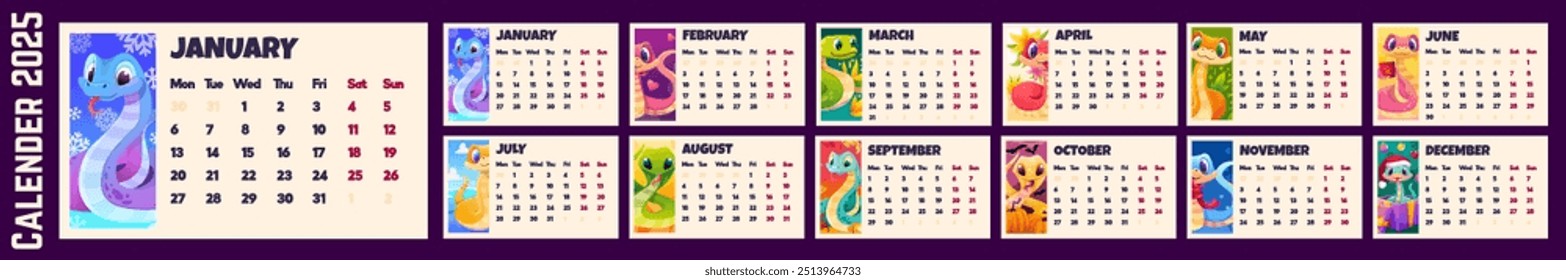 Calendario de pared de serpiente colorido 2025. Lindo conjunto con páginas de Calendarios Mensuales en vista Horizontal y diferentes serpientes para imprimir o para el diseño de planificador. Ilustración de Plantilla de dibujos animados de Vector