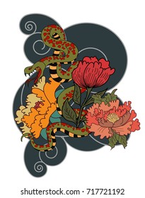 colorful Snakes and flowers. Tattoo design. Hand drawn snake vector illustration.Traditional Japanese culture for printing on background.Snake with Sunrise for coloring book
