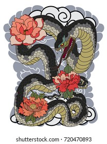 colorful Snakes and flowers. Tattoo design. Hand drawn snake vector illustration.Traditional Japanese culture for printing on background.