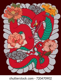 colorful Snakes and flowers. Tattoo design. Hand drawn snake vector illustration.Traditional Japanese culture for printing on background.